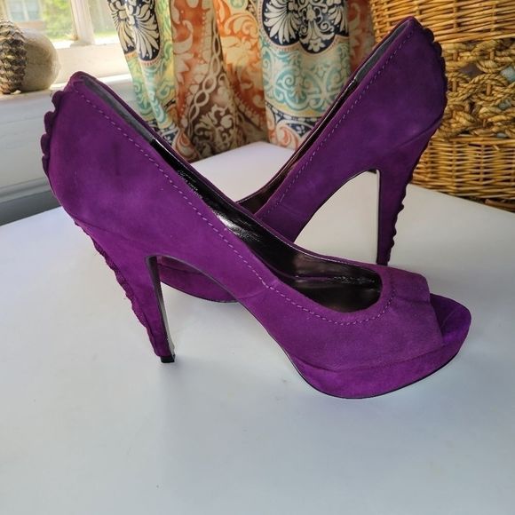STEVE MADDEN Purple Silver Suade Peep Toe Heels - Picture 9 of 16